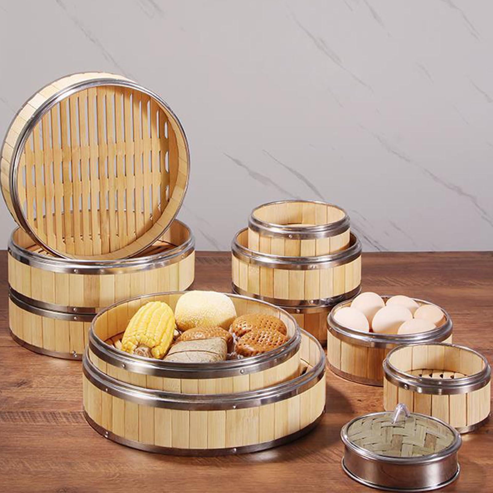 AIZYR Cesta Vaporera De Bambú con Tapa Cesta Vaporera China De 3 Niveles Cesta para Cocinar Al Vapor para Cocinar Dumpling, Dim Sum, Arroz, Pescado Cesta De Vapor,6 Inch