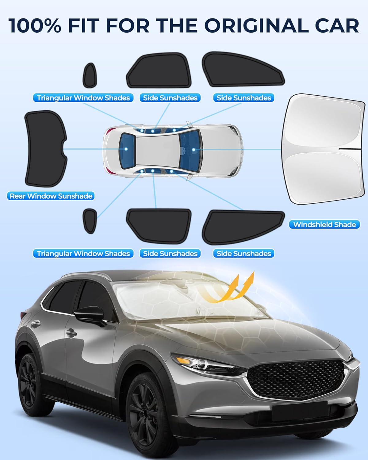 Car Window Shades for Mazda CX30 2019-2025, 8pcs Privacy Sun Shade Set for Front Windshield Side and Rear Windows, Full Window Covers Keeps Vehicle Cool for Camping Napping