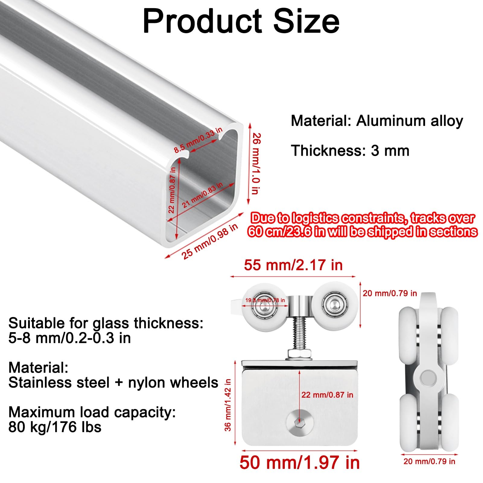 Kit Rail pour Porte Coulissante en Verre de 5-8 mm avec Roulettes, Kit de Quincaillerie Systeme Porte Coulissante pour Bibliothèque Vitrine et Armoires - Installation au Plafond(2.0m/6.6ft)