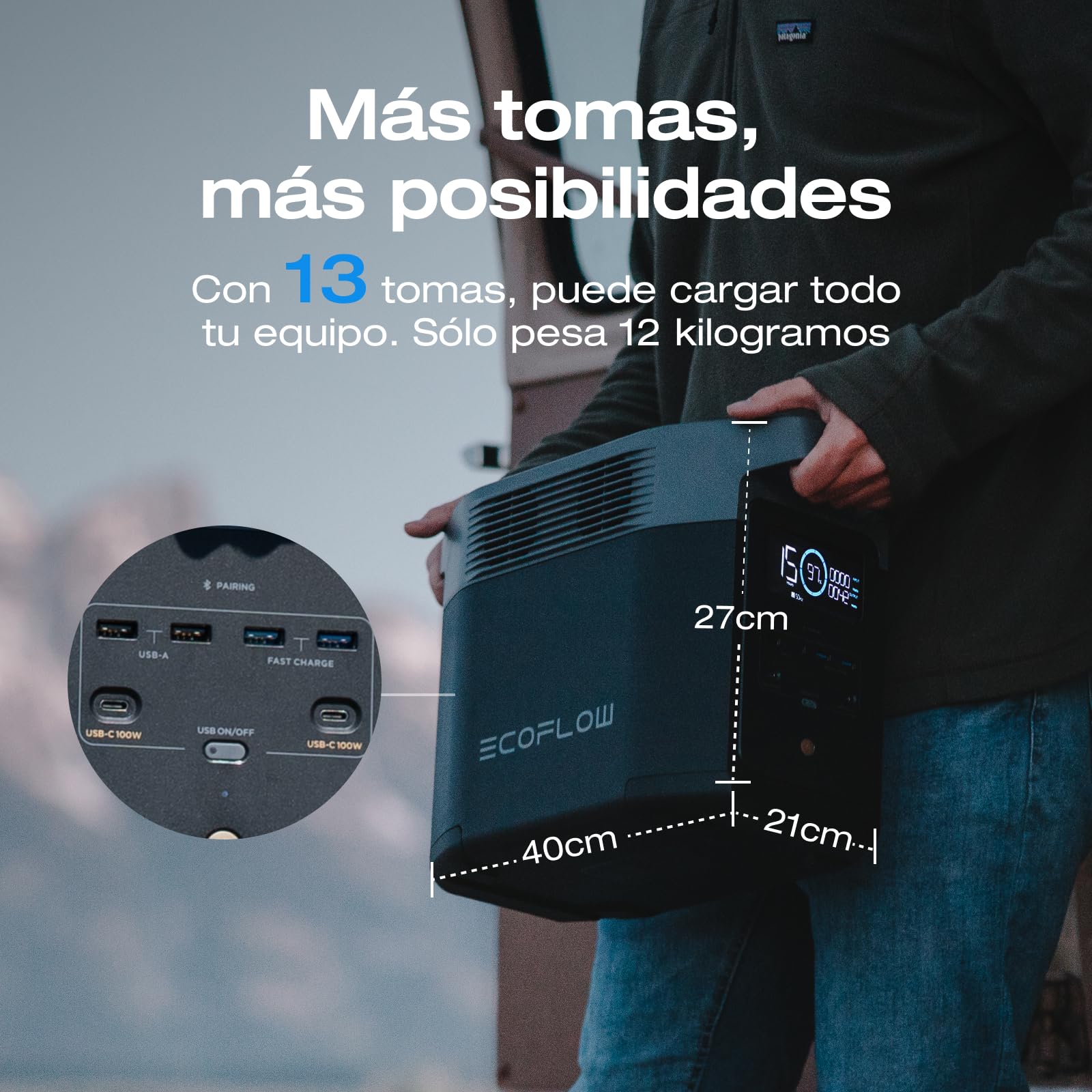 EF ECOFLOW DELTA 2 1024 Wh/Estación de energía portátil con cable XT60i, generador solar con LiFeP04, capacidad ampliable hasta 3 kWh, carga rápida de 0-80% en 50 mins, grupo electrógeno para