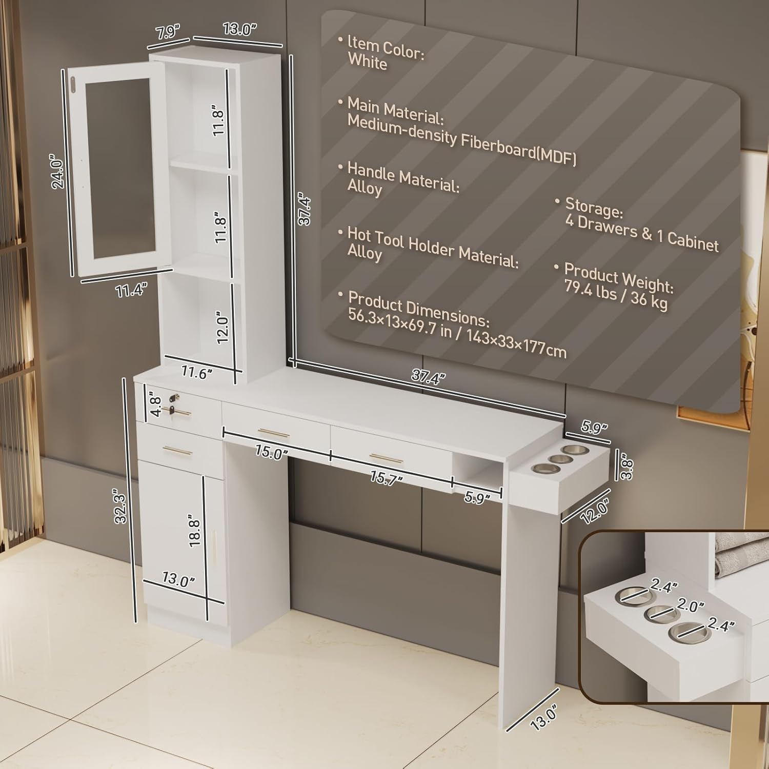 Barber Salon Station for Hair Styling, Wall Mount Salon Equipment with Hair Dryer Holder，Drawers, Storage Cabinet & Open Shelves, White Beauty Spa Furniture (Not Include Mirror)