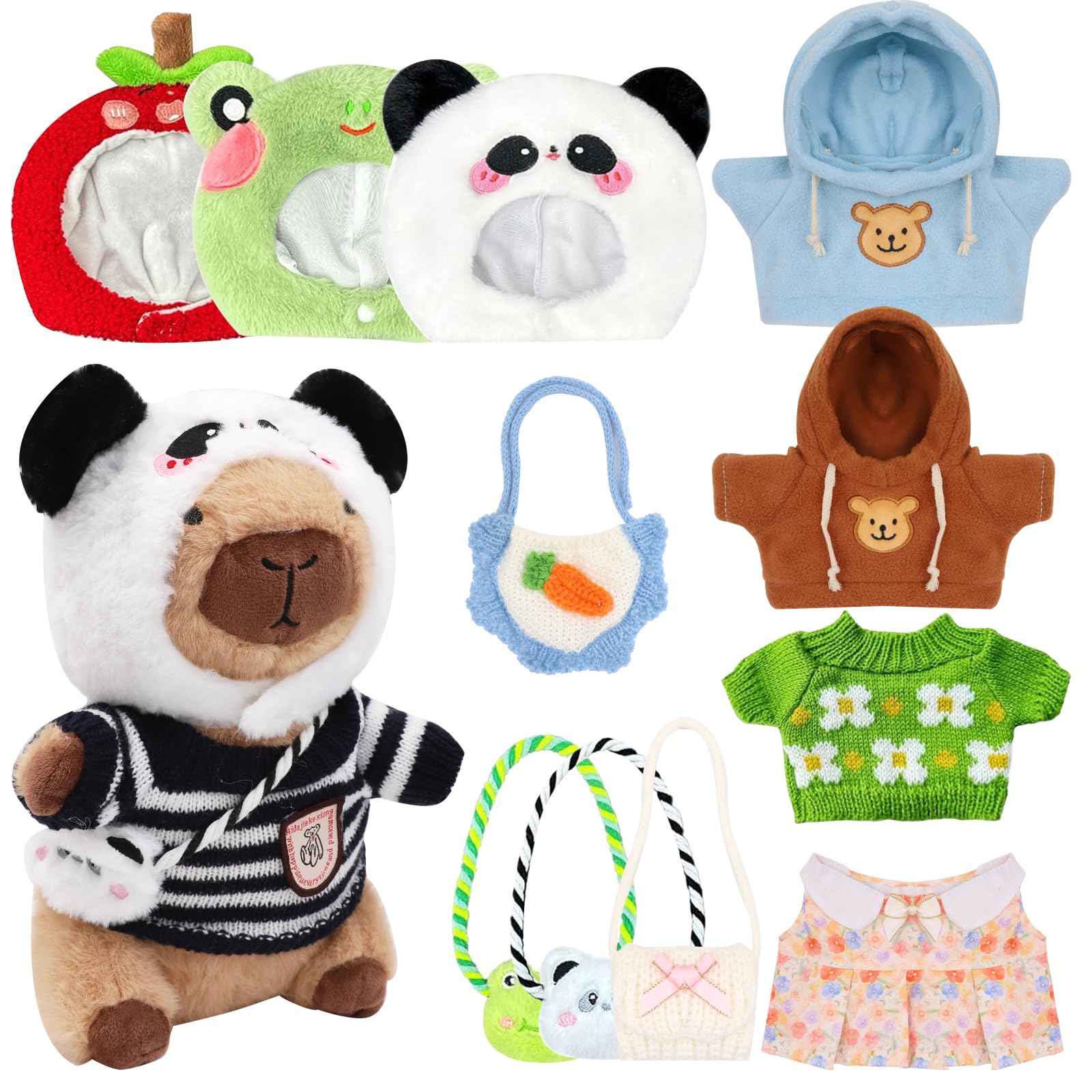 Peluche Capybara 13Pcs Set, 23cm Juguete de Peluche de Capibara avec Diadème de Fraises, Brun Poupée en Peluche Capibara, Simulation Peluche en Capybara, Muñecos Peluche Kapibara, Cadeau pour Enfants