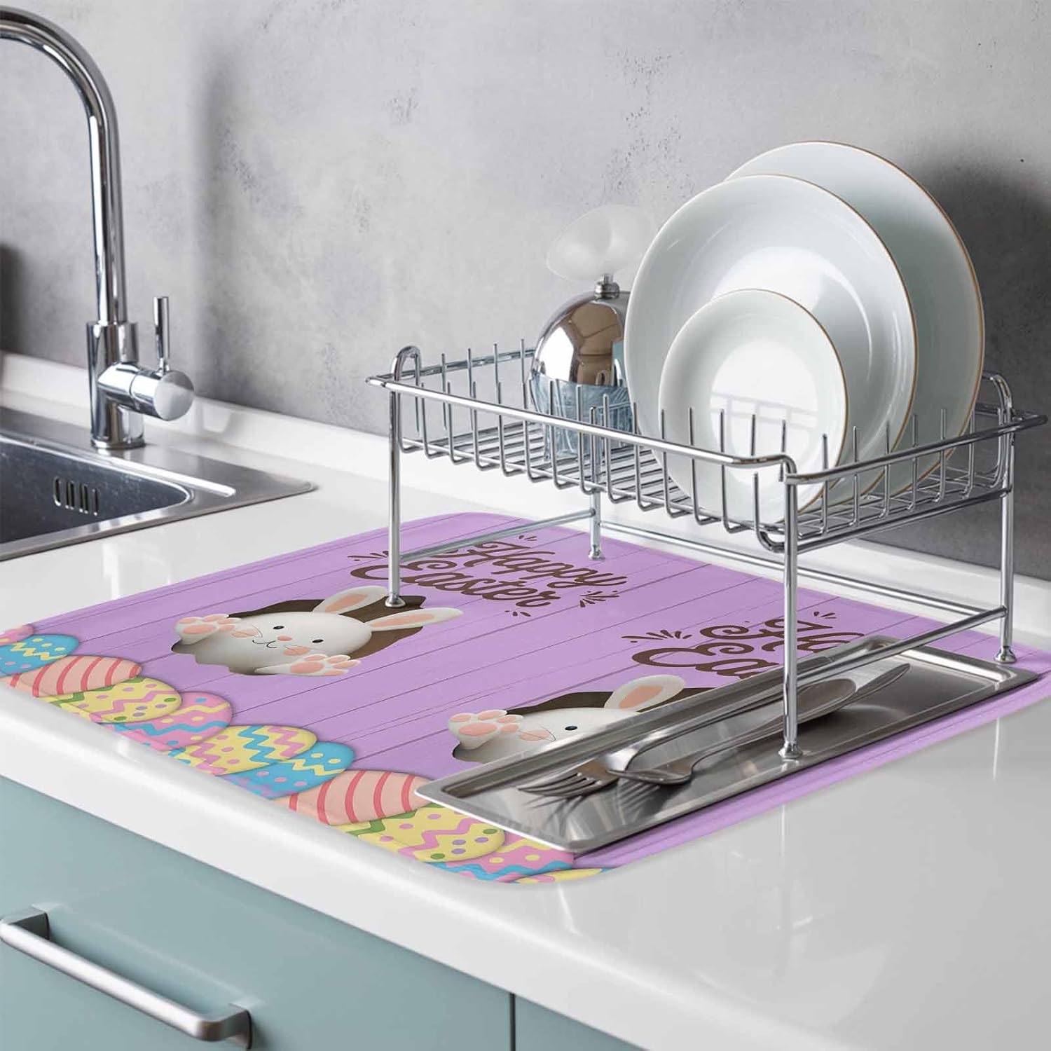 Purple Easter Dish Drying Mat for Kitchen Counter, Microfiber Dishes Drainer Mat Rack Pad, Spring Cartoon Bunny Colorful Eggs Wood Grain Absorbent Dish Bottle Drying Mats, 18''x24'', 2 Pack
