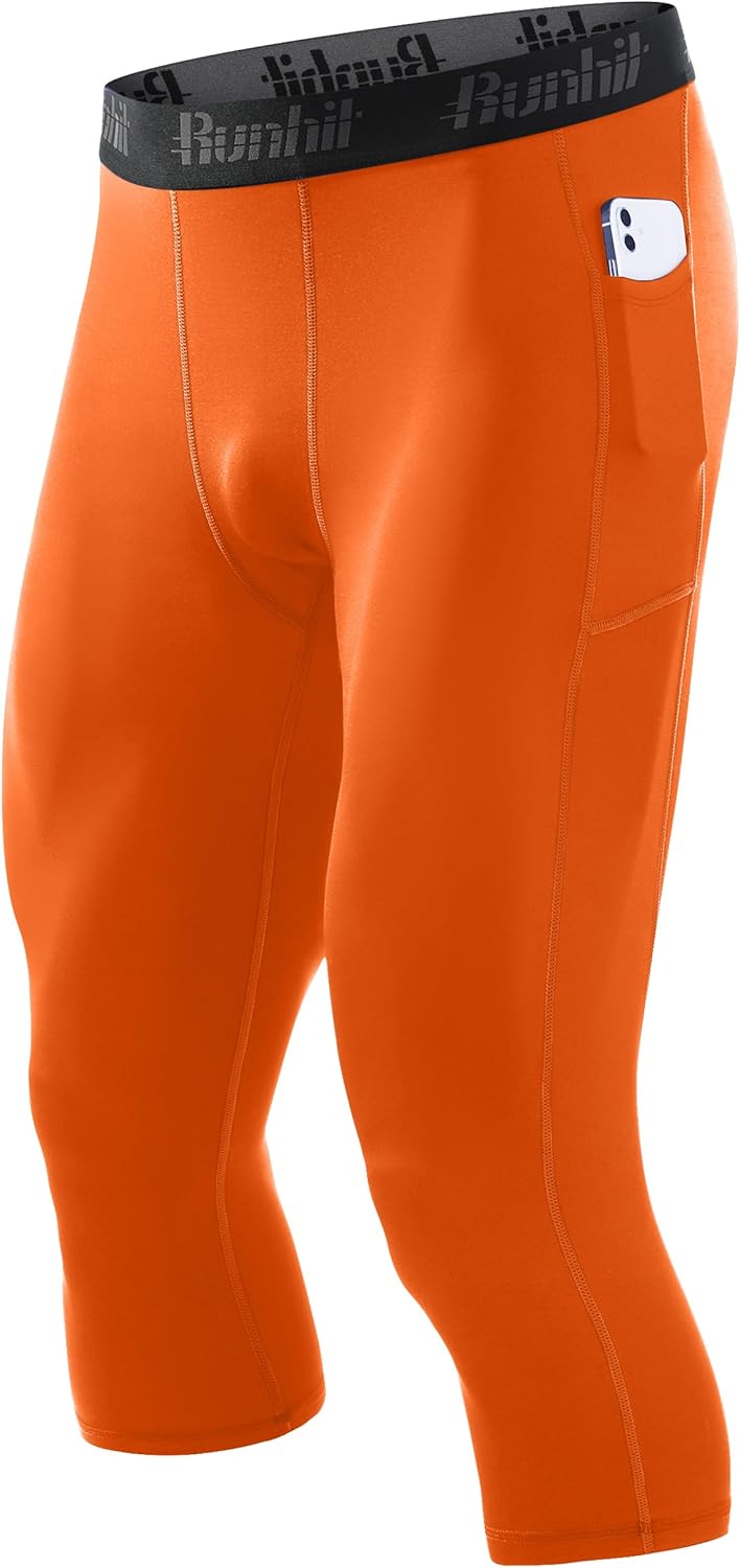 Runhit Men's 3/4 Compression Pants with Pockets，Athletic Leggings Running Capri Tights，Workout Basketball Gym Base Layer
