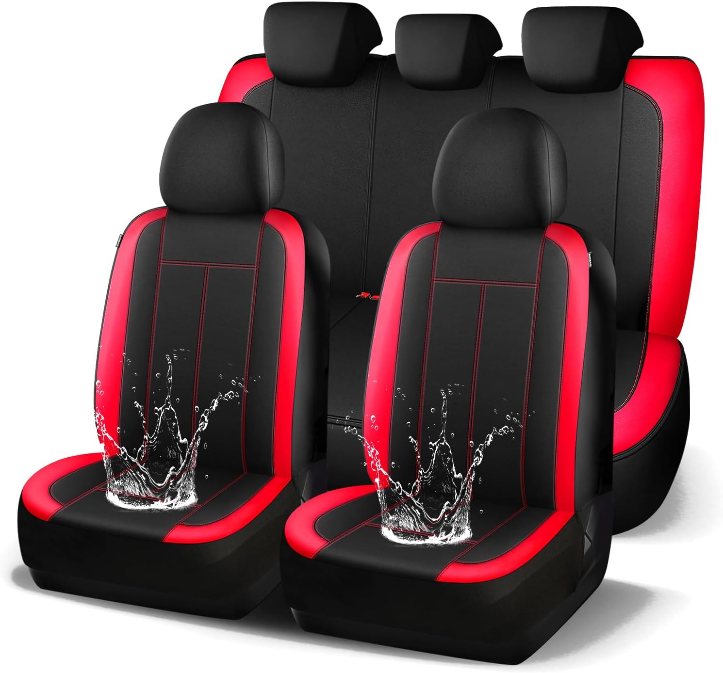 Waterproof Car Seat Covers Full Set, Premium EVA Neoprene, Airbag Compatible, Universal Fit for Most Cars, Trucks, SUVs (Black Red 816)