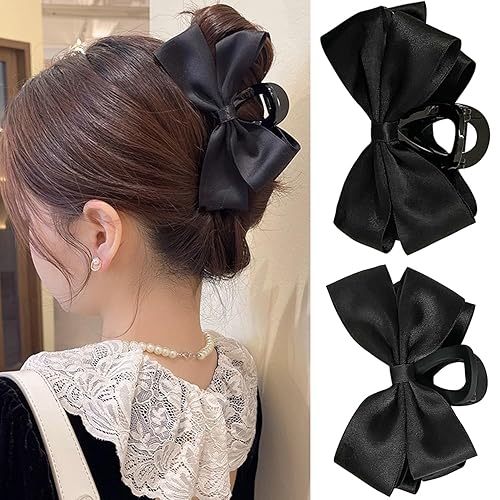 Pinzas Premium para el Cabello para Mujeres Pinzas de Garra con Lazo para Cabello Grueso y Delgado, Pinzas Grandes Antideslizantes con Lazo en Negro