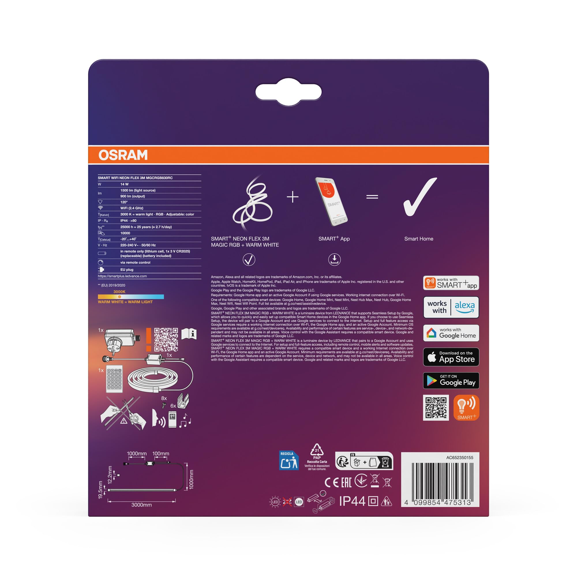 OSRAM SMART WIFI NEON FLEX MGC RGB TW RC kolorowe i białe paski LED do zastosowań zewnętrznych z technologią WiFi i równomiernym rozsyłem światła, możliwość ściemniania, biały, silikon, 3 m,