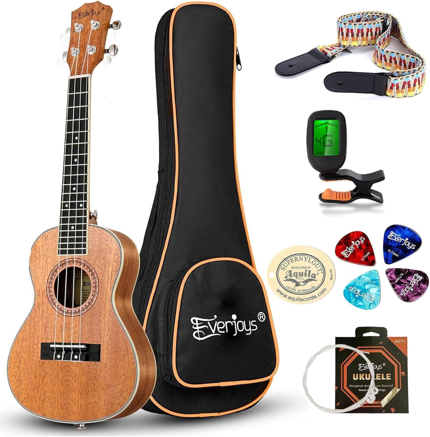 Everjoys Concert Ukulele Mahogany - 23 inch Professional Wooden Ukelele w/Free Online Lesson Uke Strap Case Picks Strings