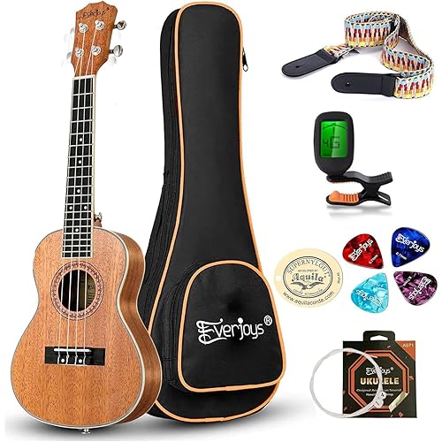 Everjoys Concert Ukulele Mahogany - 23 inch Professional Wooden Ukelele w/Free Online Lesson Uke Strap Case Picks Strings