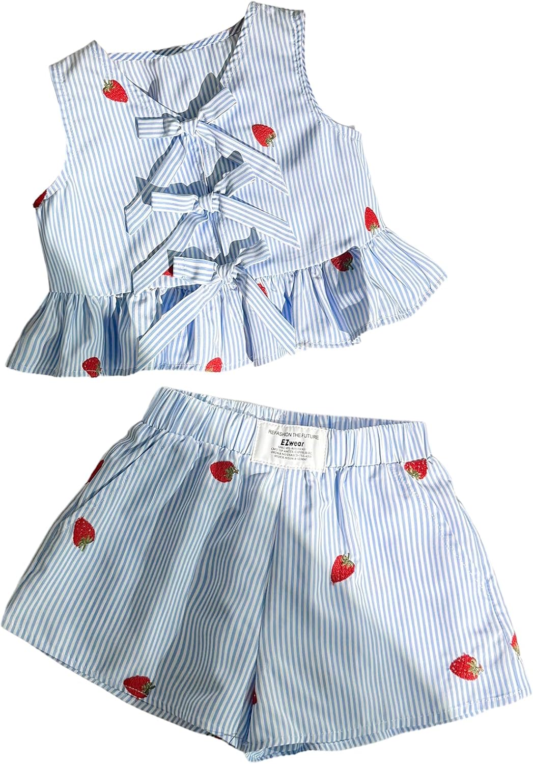 Verdusa Girl's 2 Piece Striped Outfit Strawberry Embroidery Tie Ruffle Tops with Shorts Comfy Set