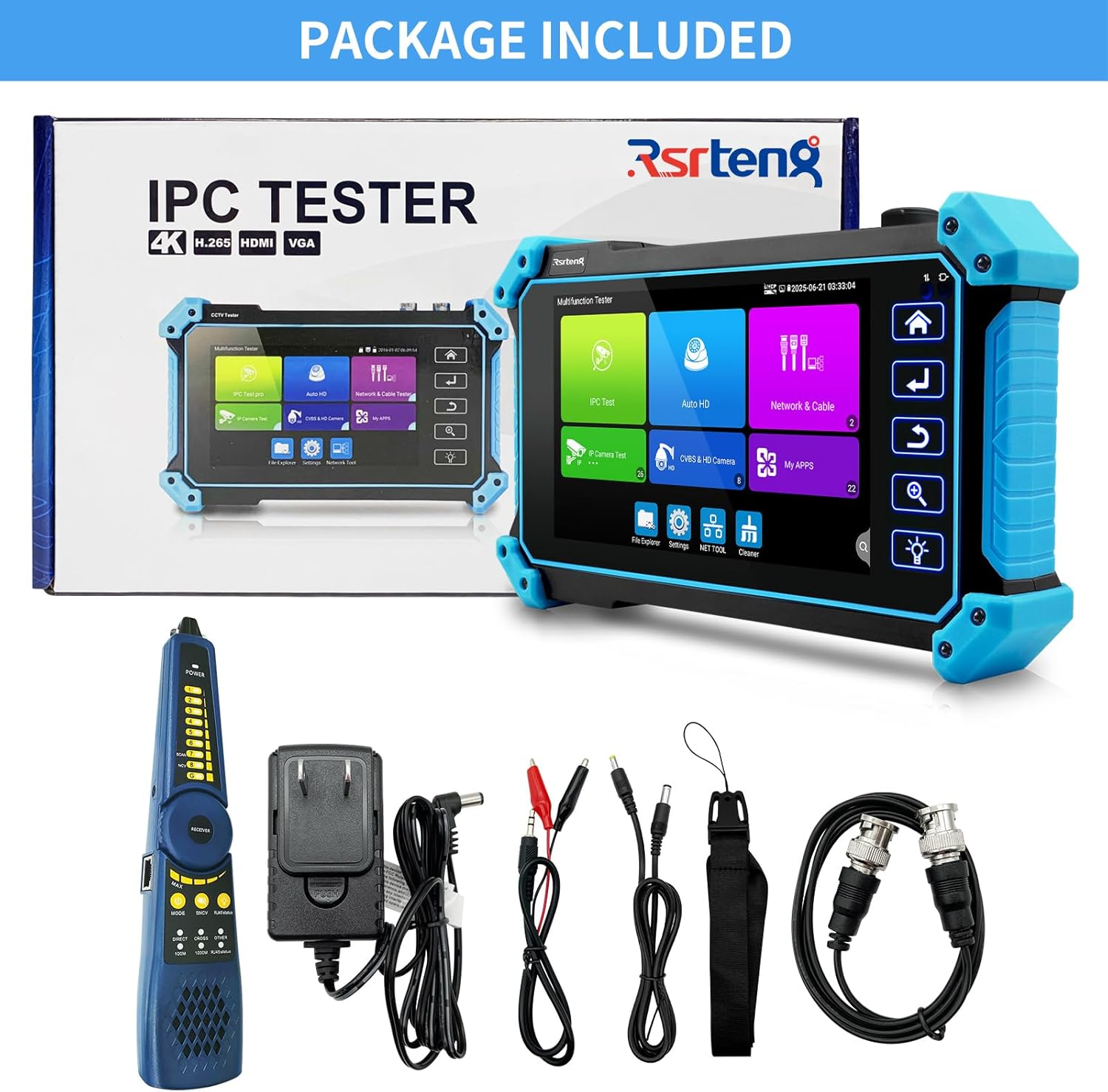 Rsrteng 8K IP Camera Tester with Cable Tracer, IPC-5100C Plus 8MP AHD CVI TVI CVBS IP Camera Test 4K HD Display Video Monitor 5inch IPS Touch Screen IPC Tester Support POE PTZ WiFi RS485 HD & VGA