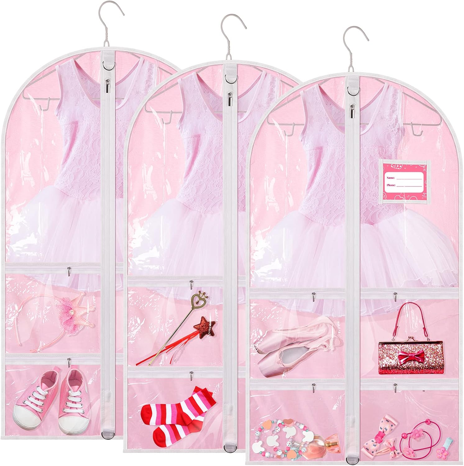 3 Pack Dance Garment Bag Pink Dance Costume Bags Kids Dress Bag with 4