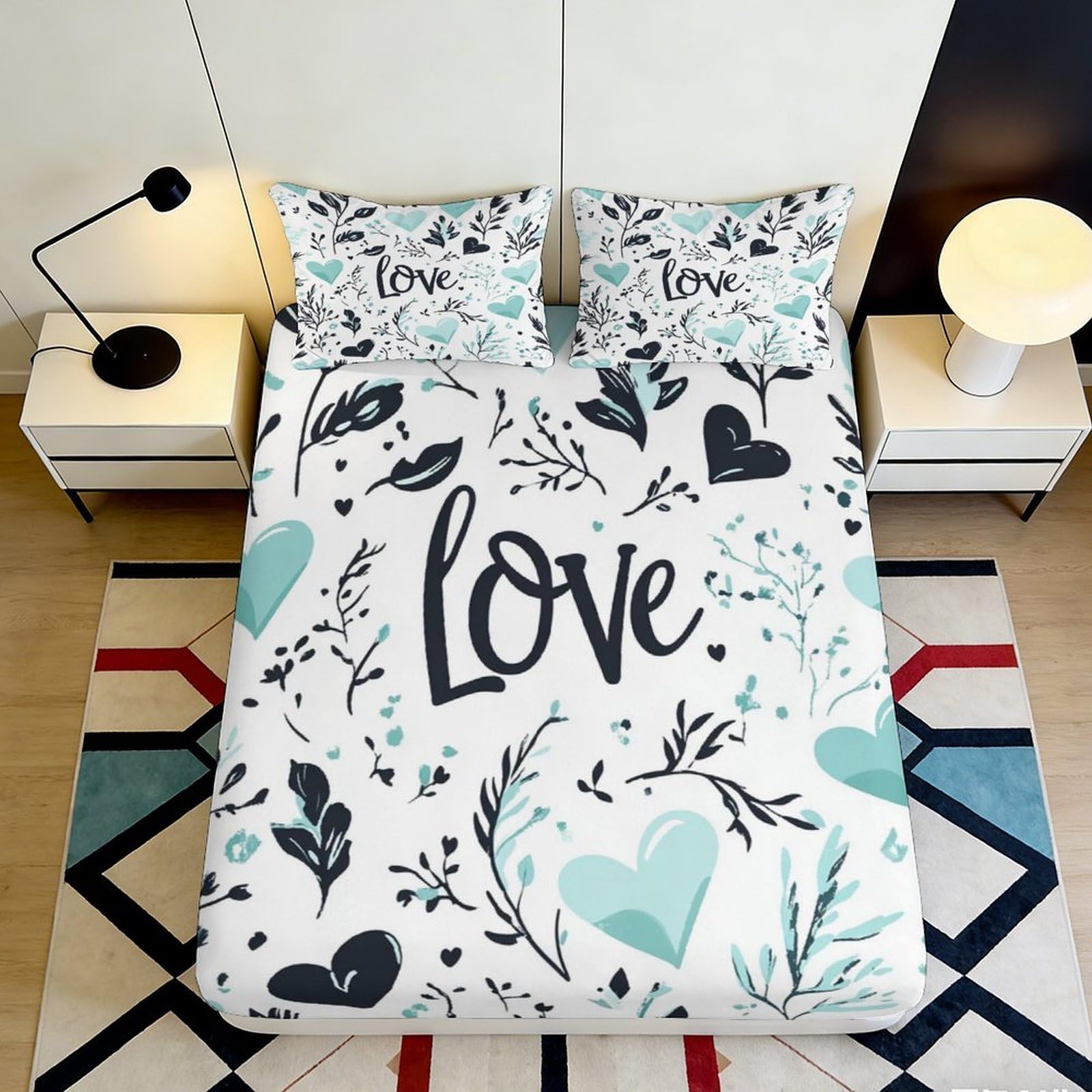 3D Printed Love Heart Fitted Sheet Microfiber Mattress Cover Anti-Slip Machine Washable Bedroom Decor for All Ages 140x200x25cm
