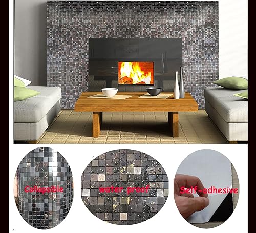 Miniatura 6 de XUANINY Azulejos de salpicaduras para cocina, baño, chimenea, mosaico de aluminio metálico autoadhesivo (12 x 12 pulgadas) (5, mezcla negra)