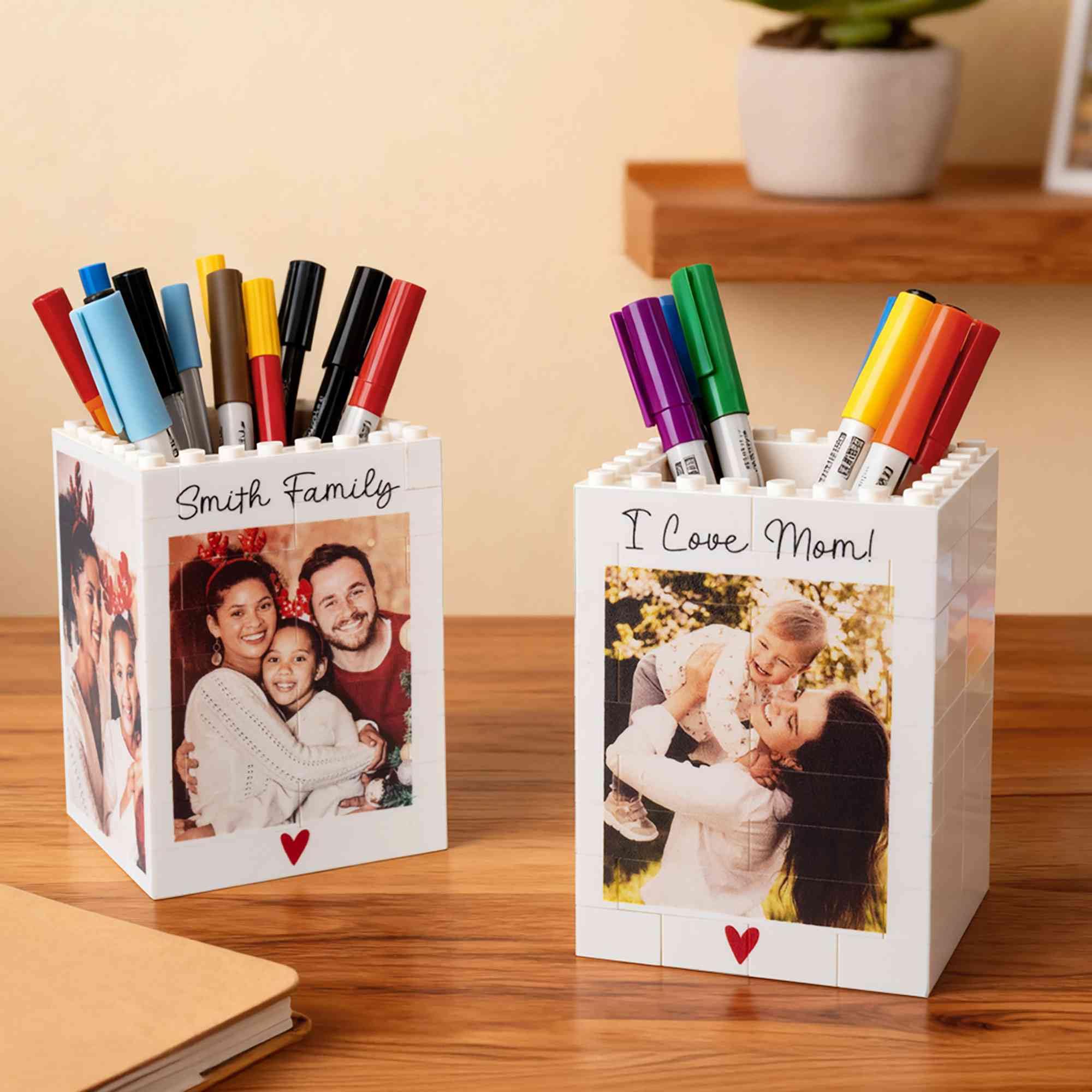 Porte-crayons personnalisé en briques avec photo, texte et images personnalisés - Organiseur de bureau créatif - Boîte à crayons - Fournitures de bureau à domicile - Cadeau pour homme, femme, papa