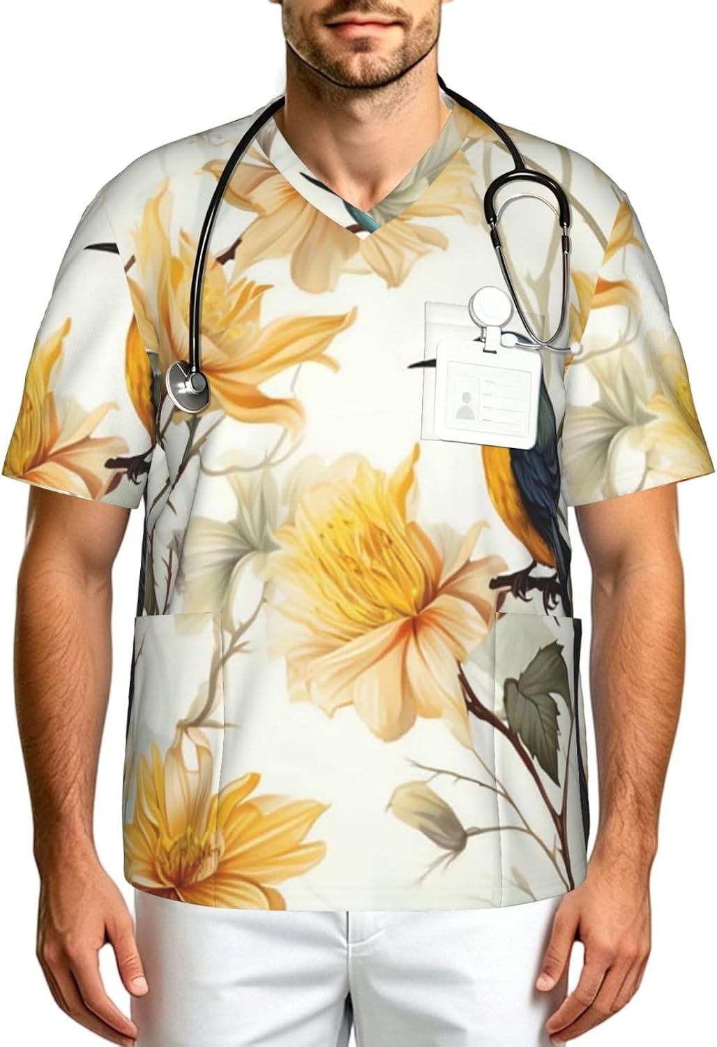 Professional Scrub Tops for Men, Classic V-Neck Workwear with 3 Pockets