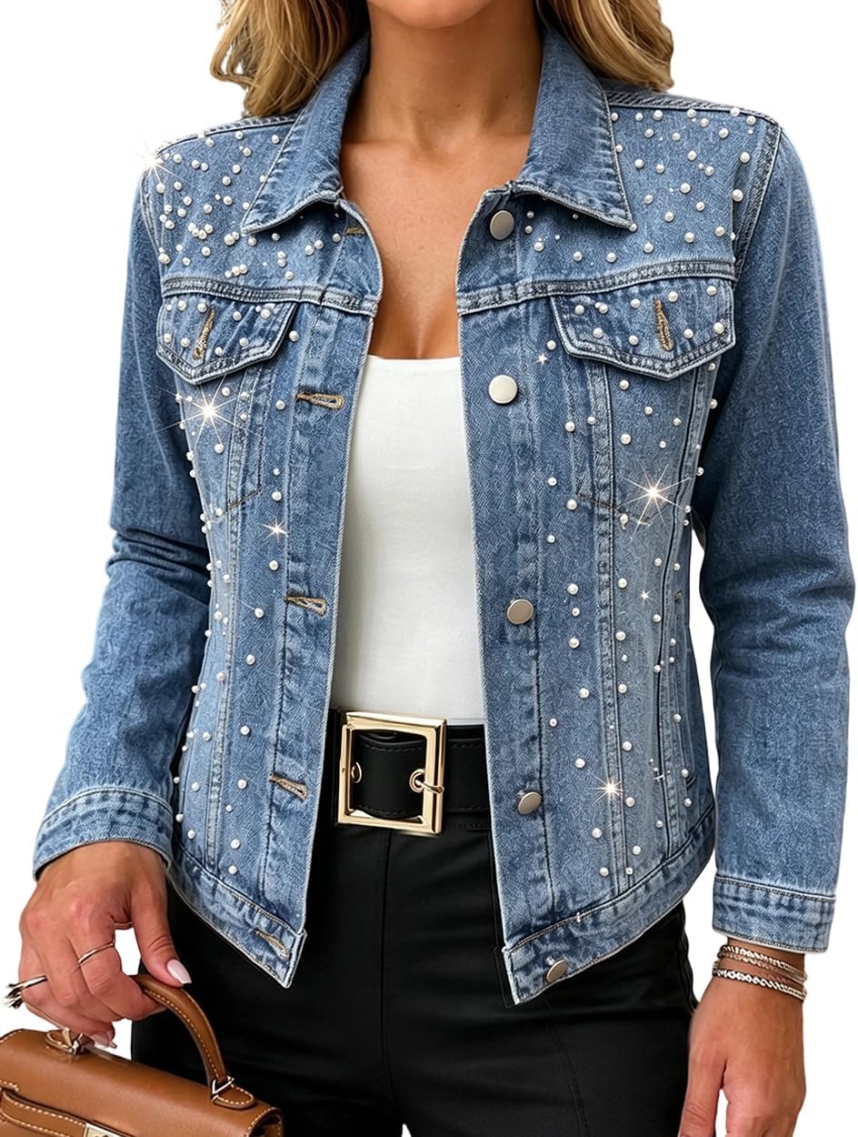 CHICME Womens Pearl Denim Jacket Rhinestone Button Up Jean Jacket
