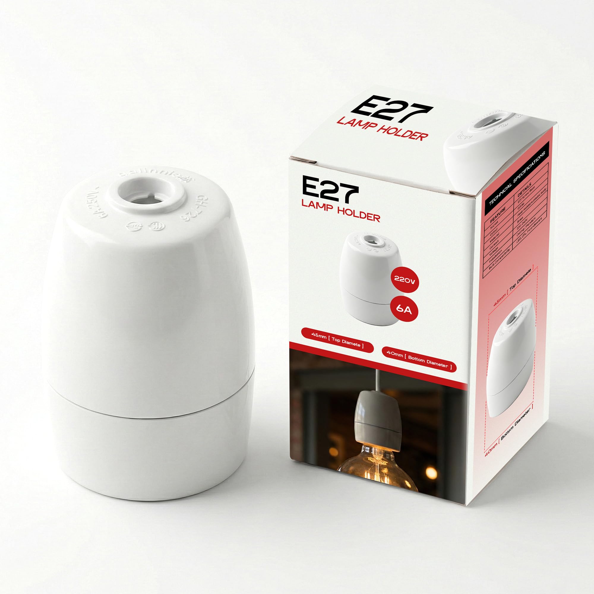 E27 Edison Screw Bulb Holder 6V Lamp Holder Socket Heat Resistant White with Brass Terminals, Durable High Temp Base for LED Light Fitting (Pack 1)