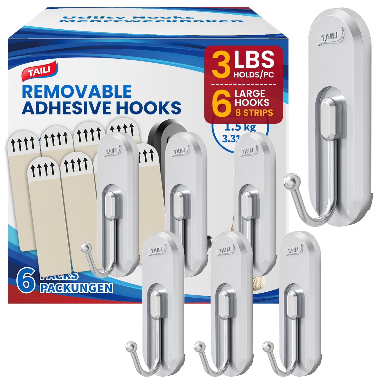 TAILI Adhesive Large Hooks for Hanging, 6 Coat Hooks &amp; 8 Strips, Silver