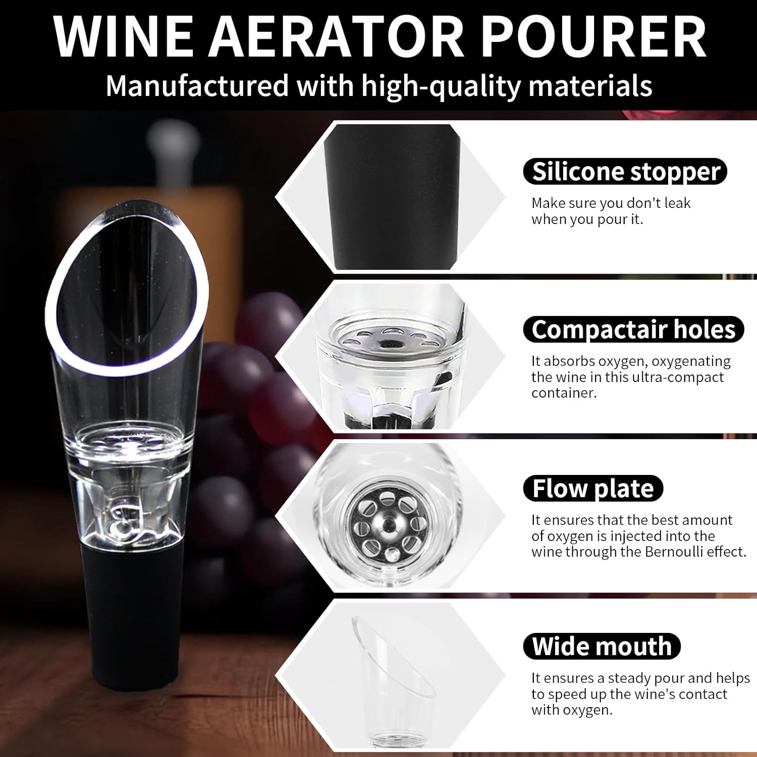 Wine Aerator Pourer | Premium Aerating Spout and Decanter Set - Improve Taste and Smell Immediately,Perfect Wine Gift(2PCS)- Black - Image 2