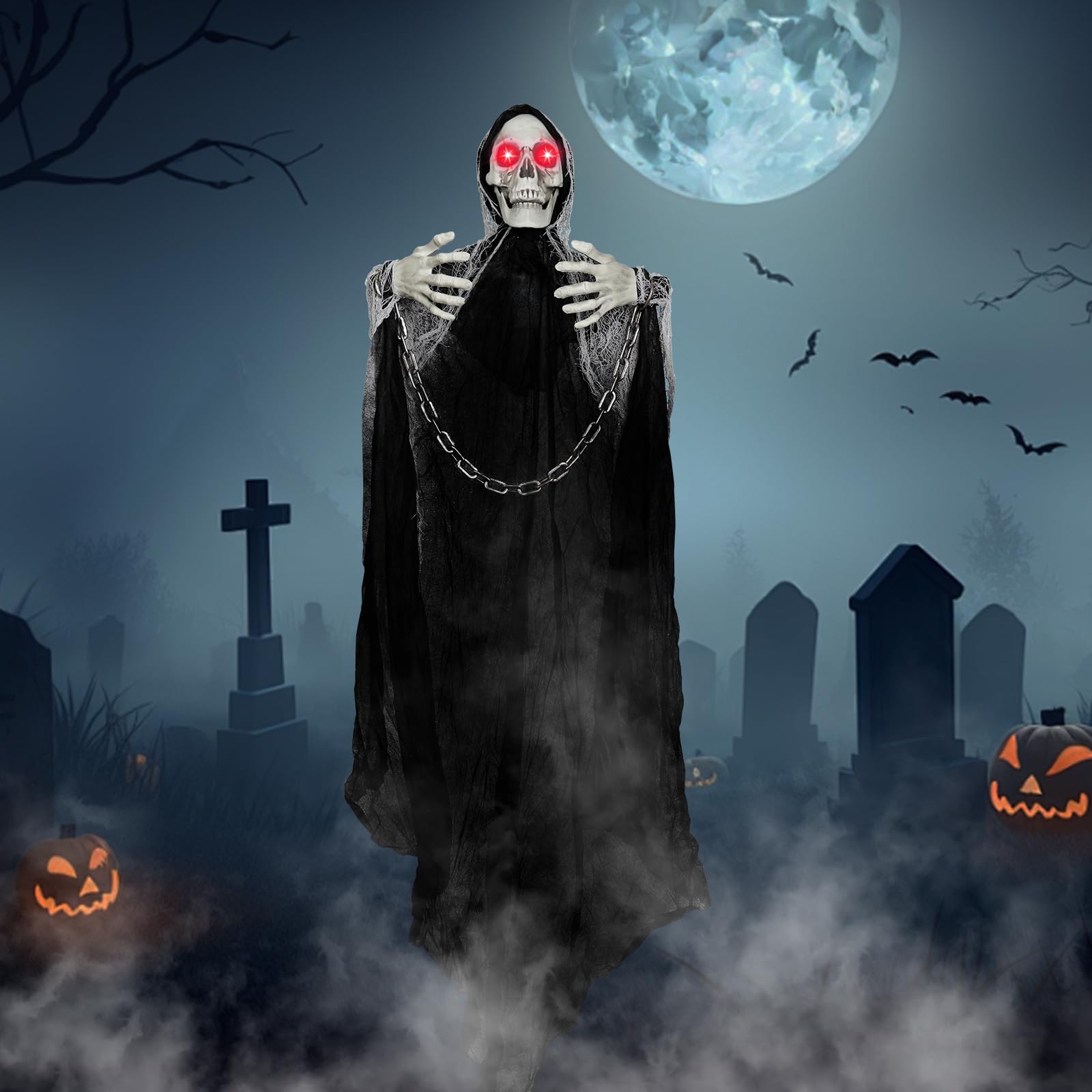 77.5" Halloween Decorations Outdoor - Moving Life-Size Skeleton Witch with Glowing Eyes & Chain, Sound-Actived Halloween Party Decoration with Creepy Sound (Black)