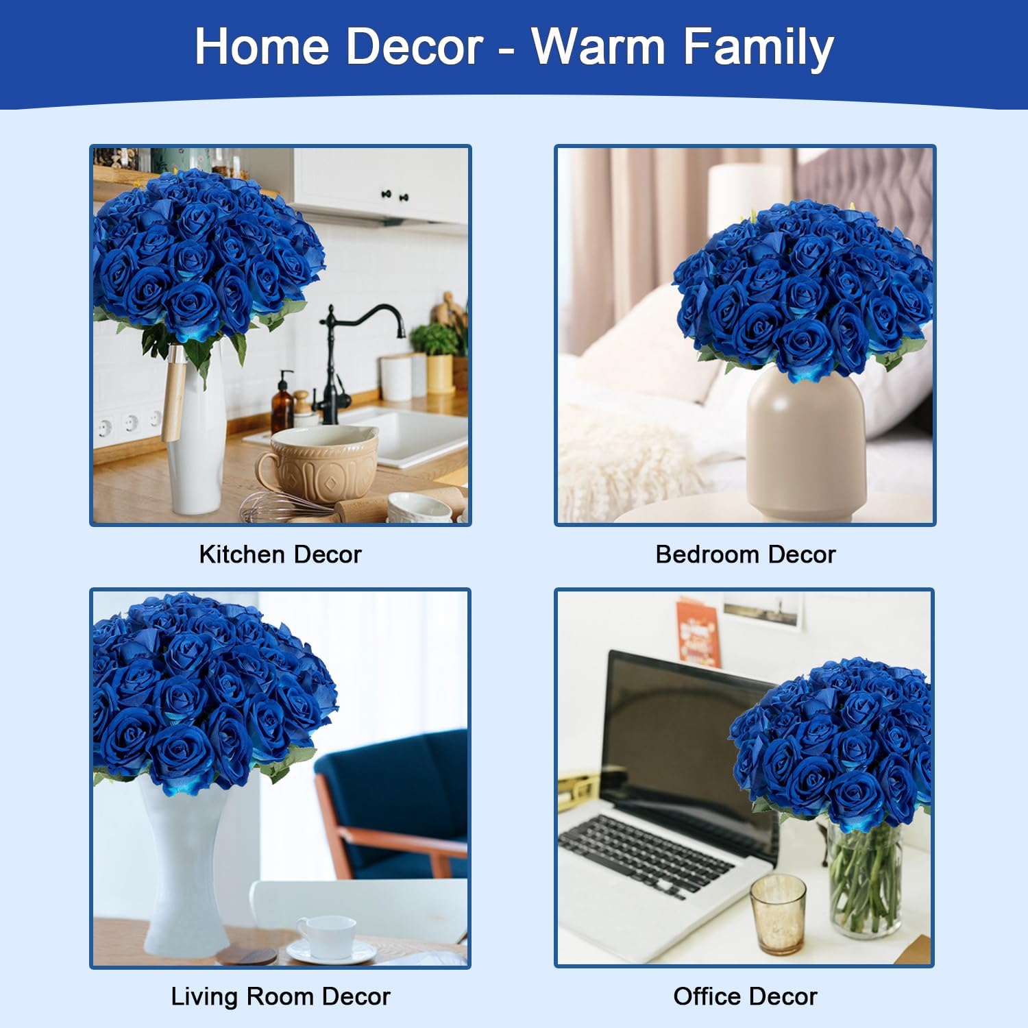 50Pcs Blue Roses Artificial Flowers Fake Roses Faux Velvet Silk Flower for Home Wedding Decoration (Pearl Rose, Blue)