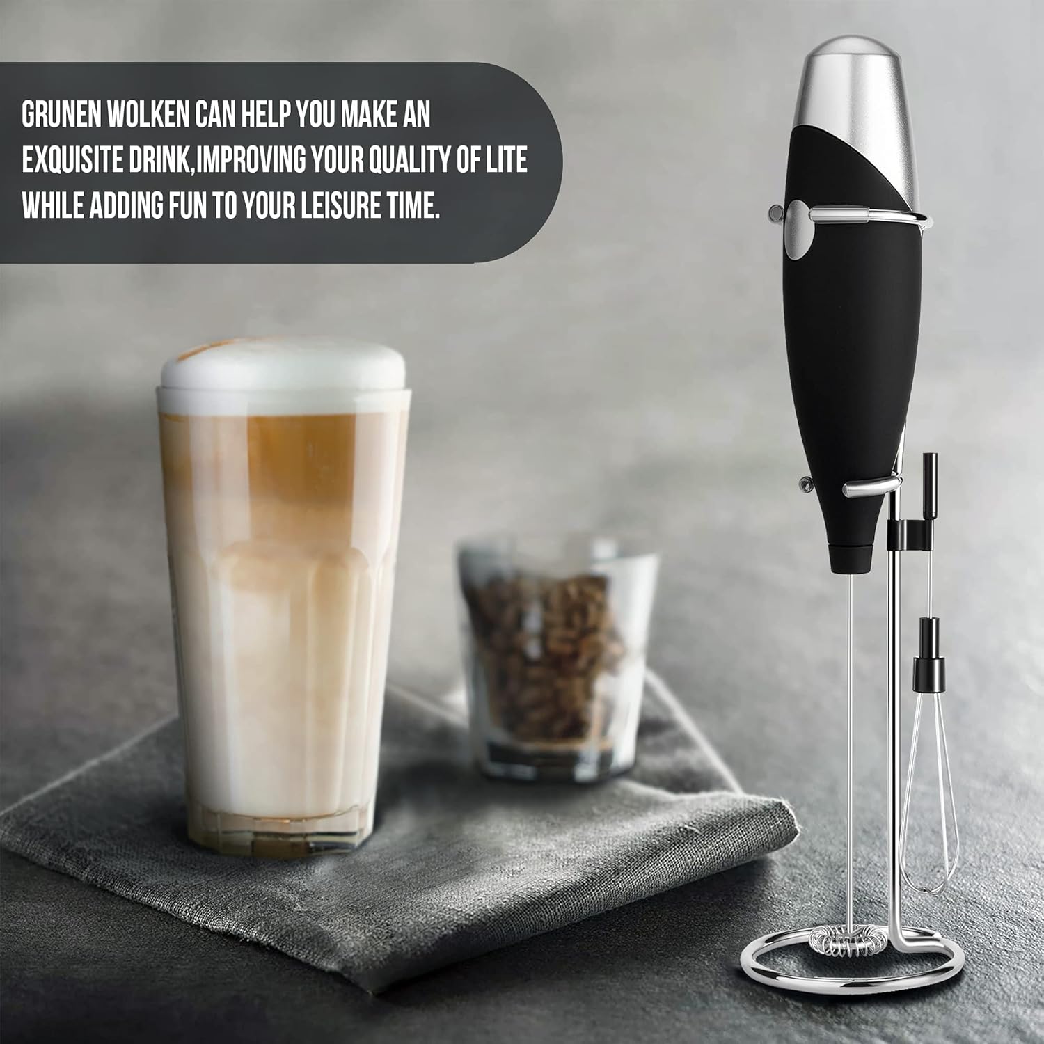 GRUNEN WOLKEN Milk Frother Handheld Get Froth in 7 Seconds High Powered Low Noise with Support Stand and Coffee Stencils Electric Milk Coffee drink Mixer Perfect for Coffee Cappuccino Matcha Hot Chocolate (Rubber Black): Home & Kitchen