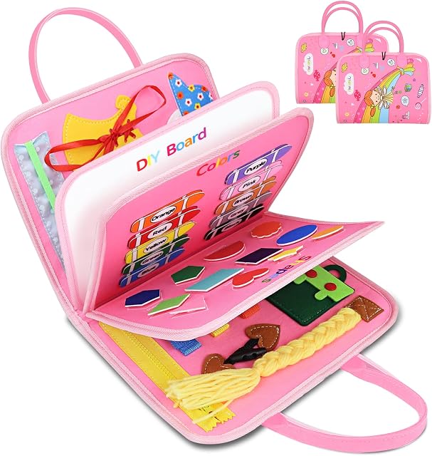 Busy Board for 1 2 3 4 Year Old Toddlers Toy for Baby - Including Numbers/Colors/Shapes/Puzzle Game/DIY Board Toddlers Sensory Board Educational Learning Tool (Pink)