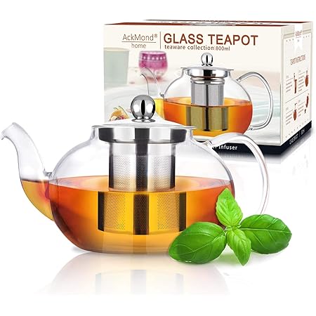 AckMond 800 ml Clear Glass Teapot with Stainless Steel Infuser & Lid, Borosilicate Glass Tea Pots