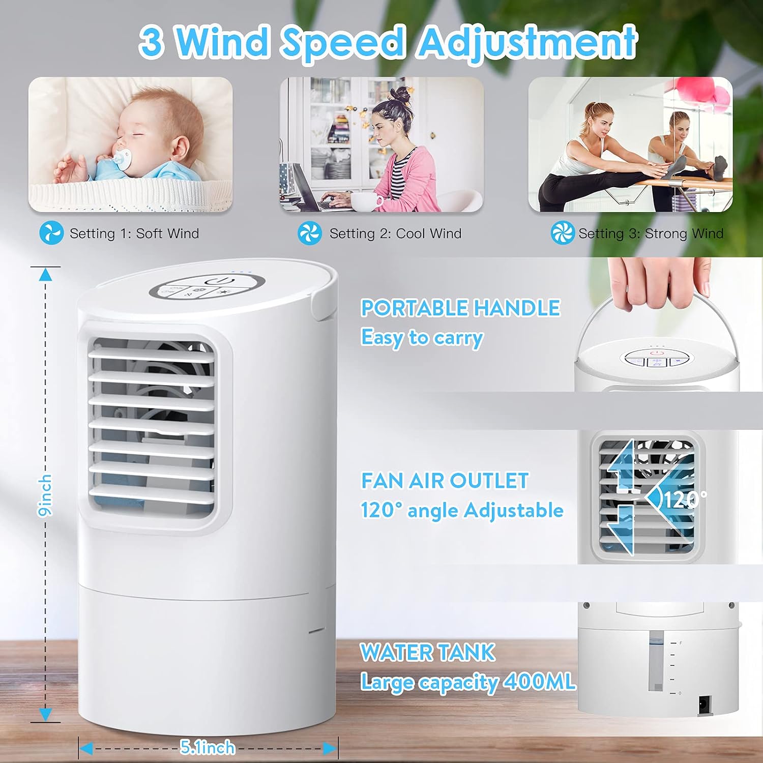 Personal Air Cooler, 3-in-1 Humidifier Portable Mini Space Air Conditioners Desk Fan with 3 Wind Speed