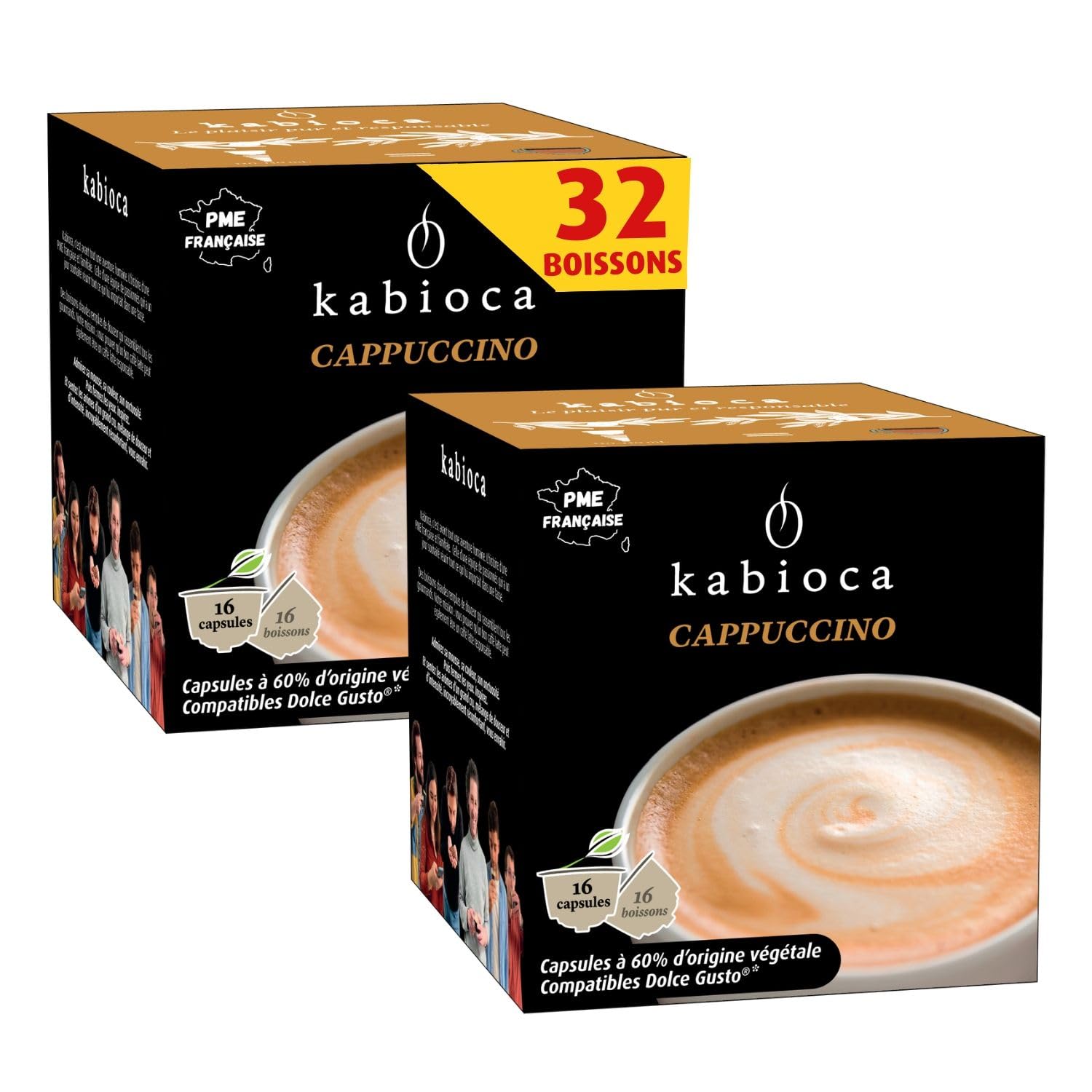 Kabioca - Cappuccino gourmand et raffiné - 2x16 Capsules d'origine végétale pour préparation Cappuccino - Dosettes tout en un compatibles avec machine Dolce Gusto capsules®