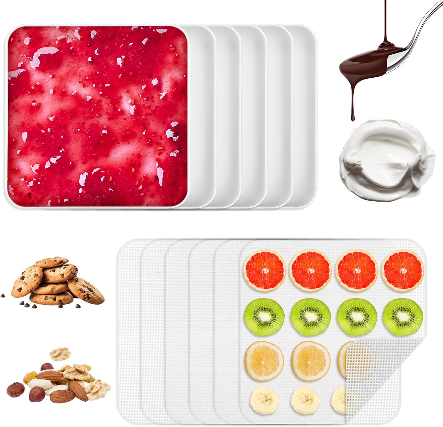 12 Pcs Silicone Dehydrator Sheets 11x 11 Inch Included 6 Pcs Food Dehydrator Trays with Edge and 6 Mesh Dryer Mats, Reusable Non Stick Silicone Sheets for Liquids Fruit and Yogurt