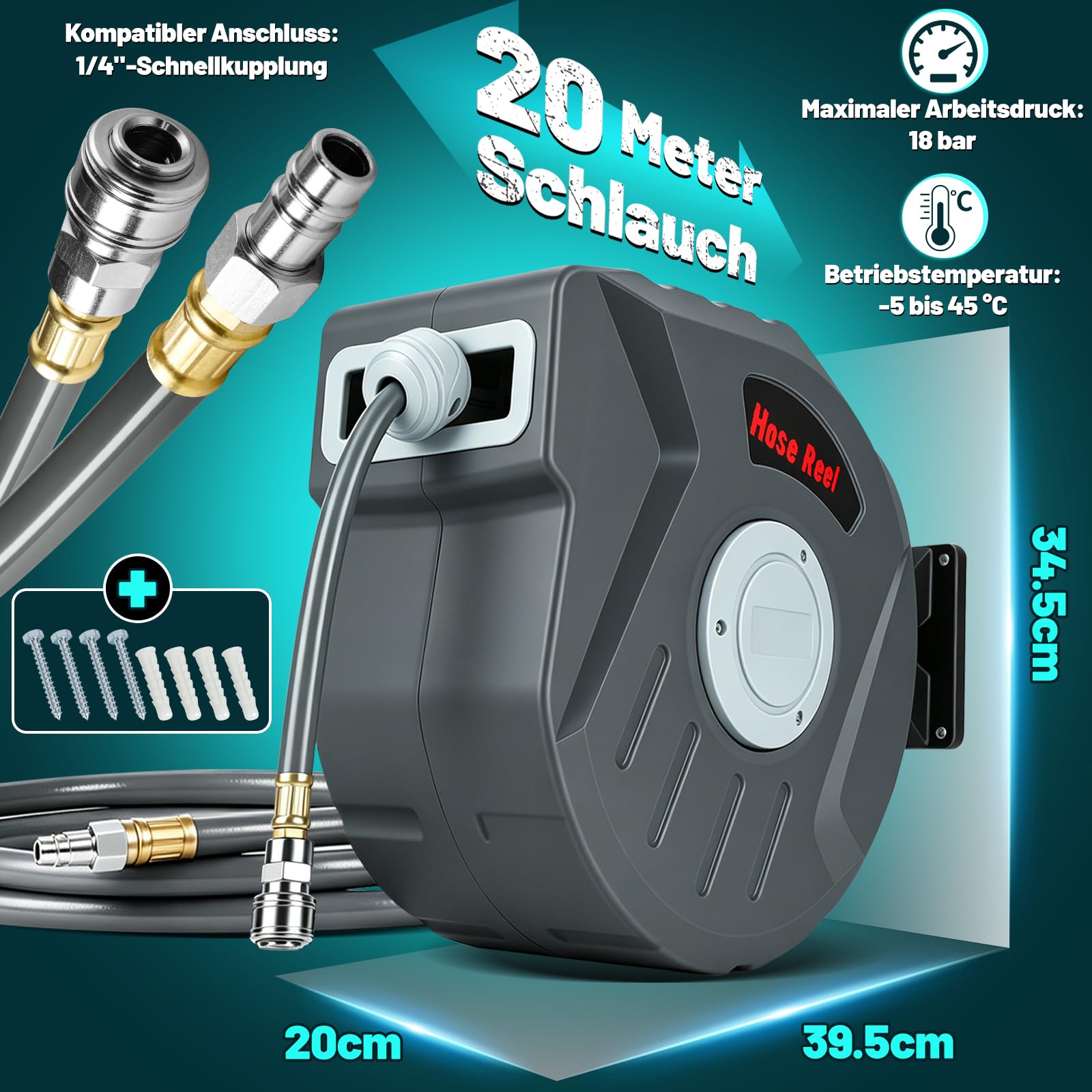Druckluftschlauchtrommel 20m, Schlauchaufroller Druckluft mit 1/4 Zoll Schnellkupplung,max. Druck:18 bar,Druckluftschlauch Aufroller für Kompressor Werkstatt,Wandhalterung 180° schwenkbar