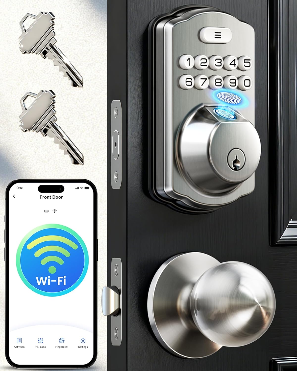 Veise VE012W-K – Cerradura inteligente de huellas dactilares WiFi integrada con 2 perillas, no necesita concentrador, control remoto de aplicación,