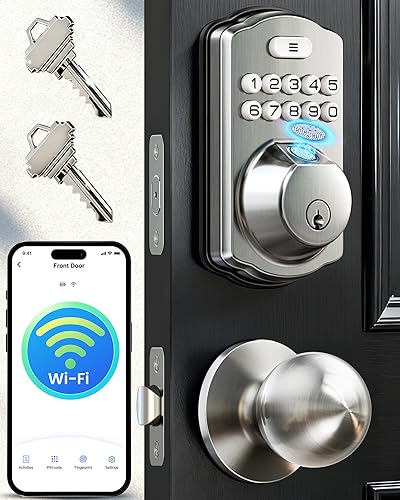 Veise VE012W-K - Cerradura inteligente de huellas dactilares WiFi integrada con 2 perillas, no necesita concentrador, control remoto de aplicación,