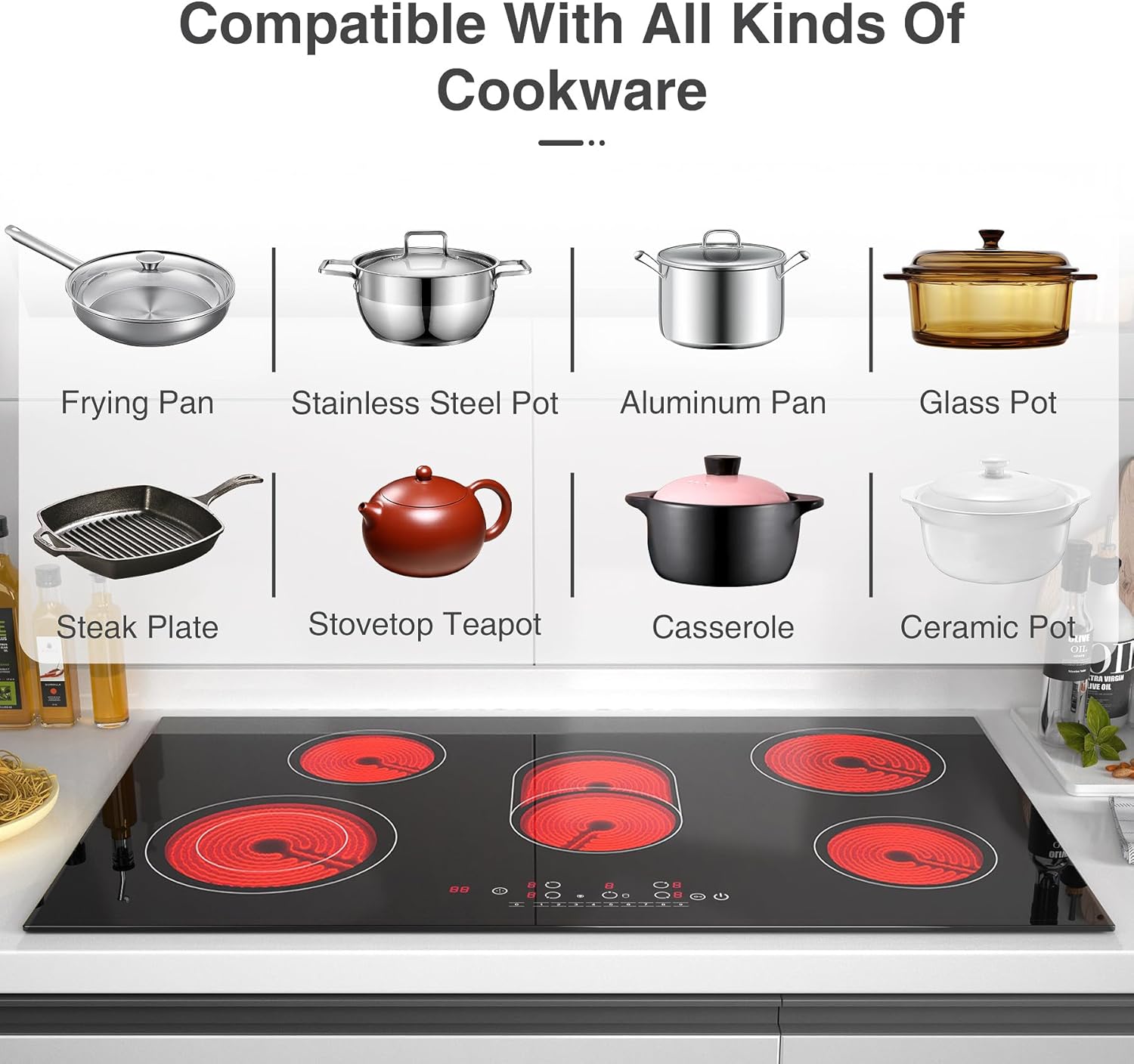VBGK Electric cooktop 36 inch,Electric Stove burner,Built-in and Countertop Stove Top, LED Touch Screen,9 Heating Level, Timer & Kid Safety Lock, Touch Control,240V 8600W Cooktop