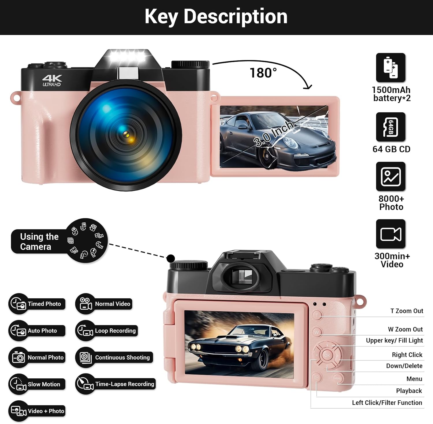 Digital Camera, FHD 75MP 4K WiFi Vlogging Video Camera for YouTube with 3'' 180°Flip Screen, 64GB SD Card, 16x Digital Zoom, 2 Batteries, Point and Shoot Digital Camera for Beginner (Pink) - Image 4