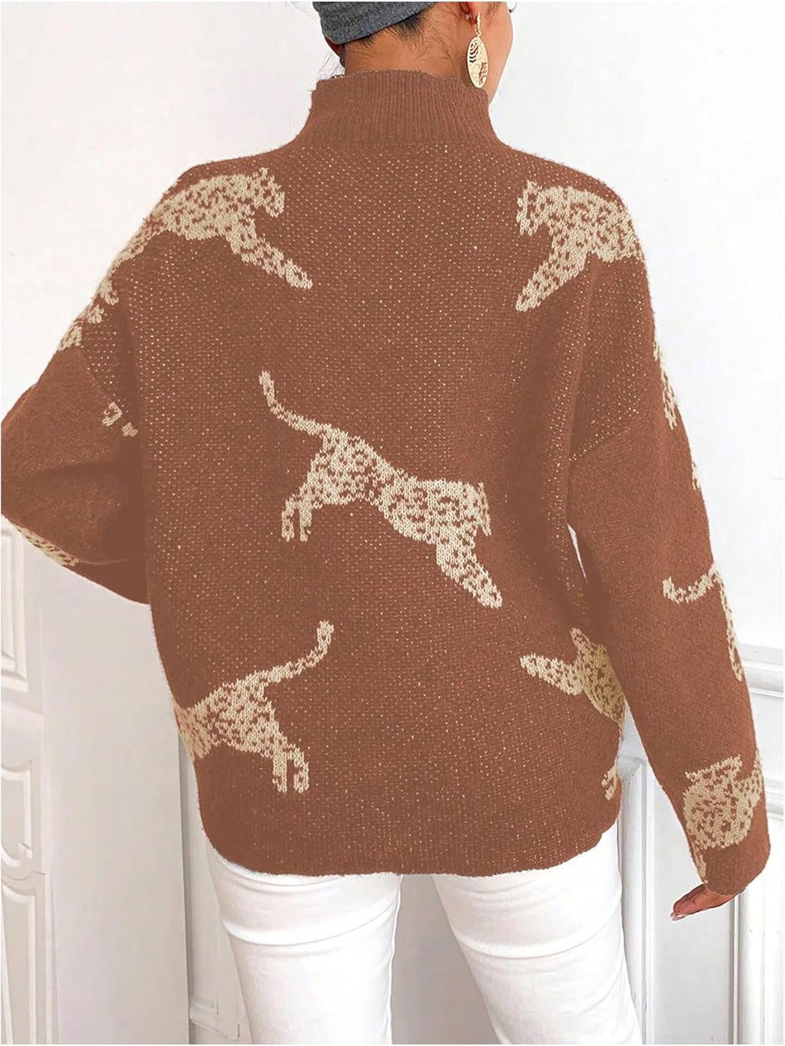 WDIRARA Women's Leopard Tiger Print Sweater High Neck Long Sleeve Fuzzy Knitted Pullover Top - Image 2