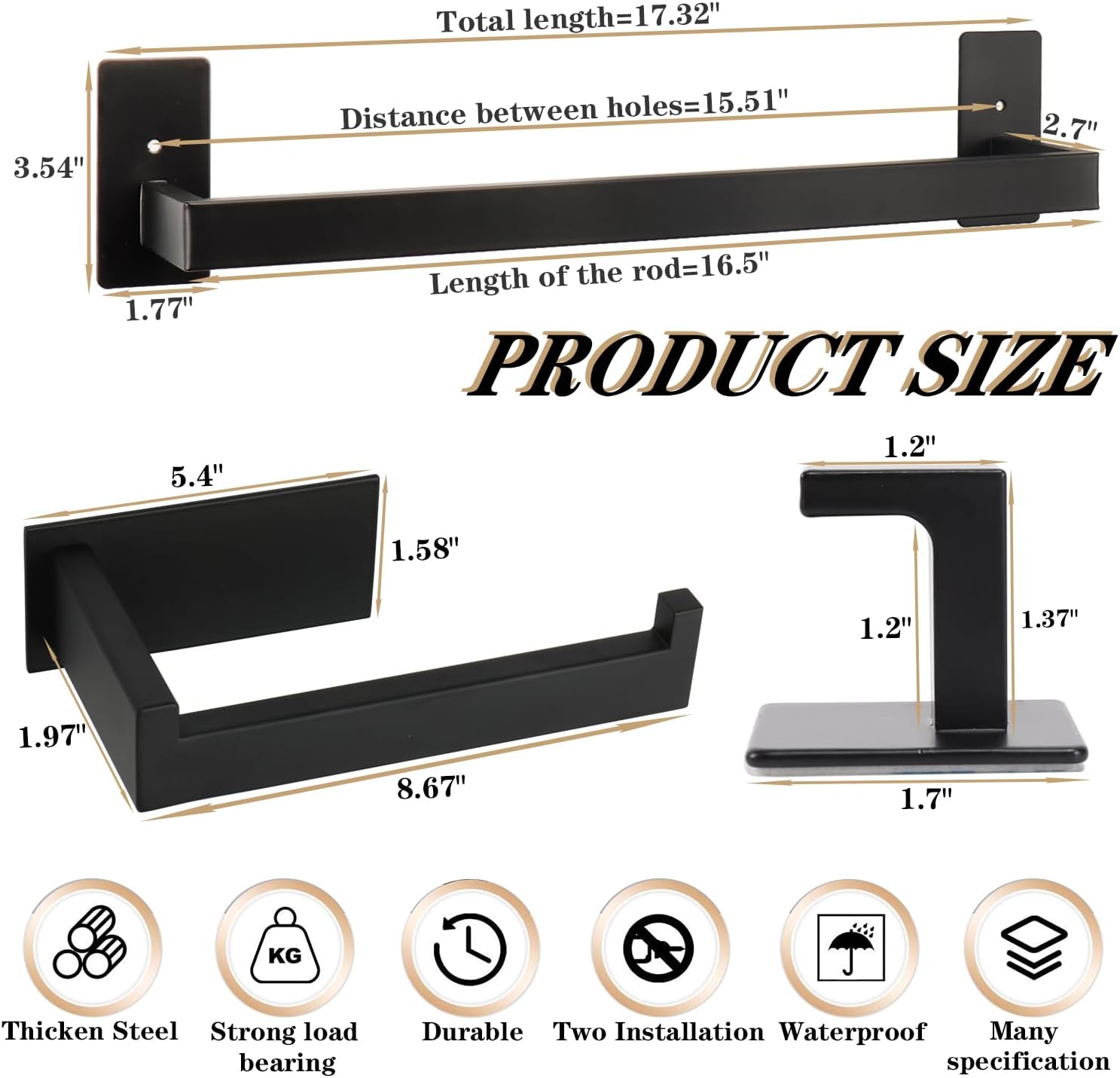 5 Pieces Self Adhesive Bathroom Hardware Set-SUS304 Stainless Steel-Towel Rack Set Include 16″Towel Bar+Toilet Paper Holder+3 Towel/Robe Hooks Bathroom Accessory (Matte Black, 16 in)