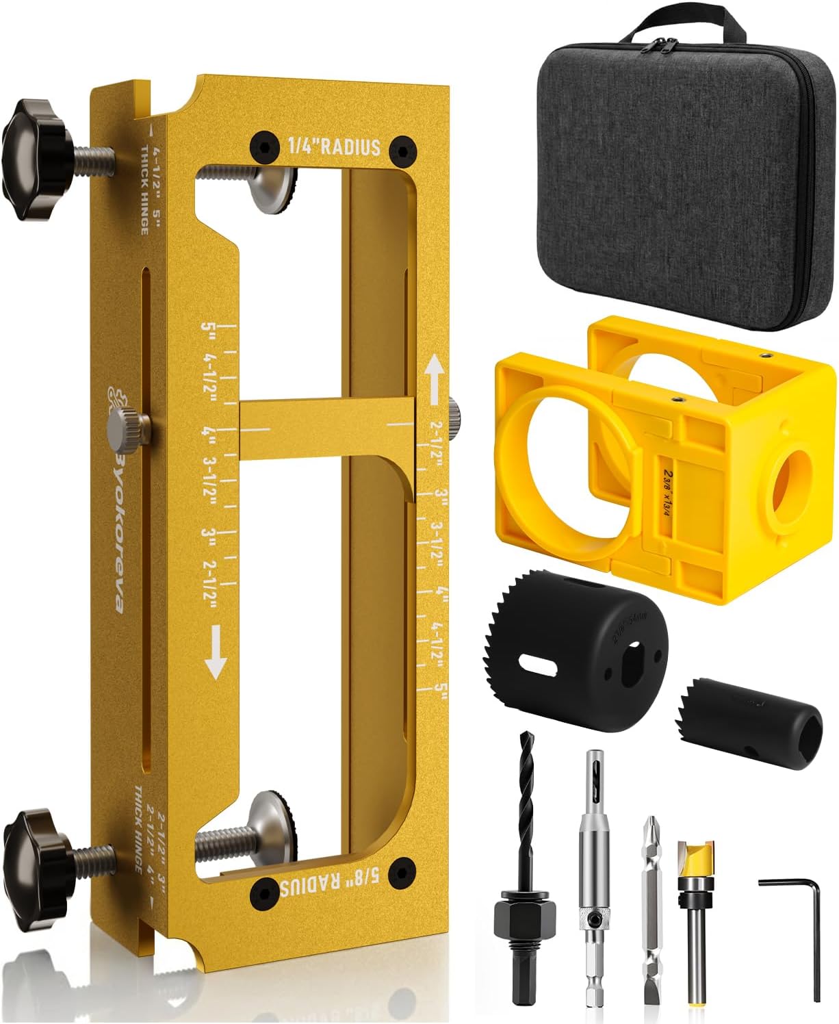 Door Hinge Jig & Door Lock Installation Kit, Aluminum Alloy Adjustable Mortise Template for Router, Fits 2.5"–5" Hinges with 1/4" or 5/8" Radius and Square Corners, for 1-3/8" and 1-3/4" Thick Doors