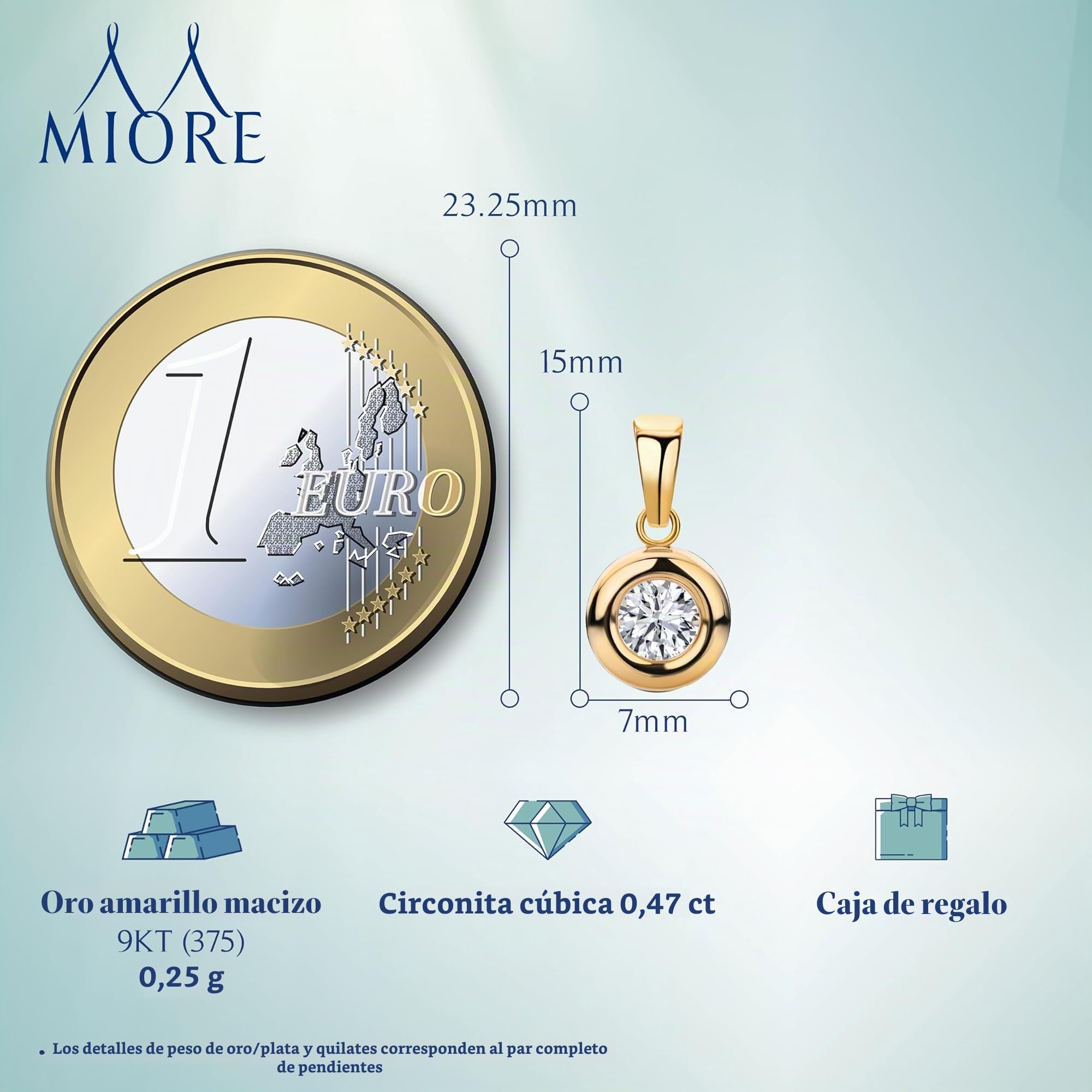 MIORE - Colgante Collar Solitario de Mujer en Oro Amarillo de 9KT 375 con Circonita, Colgante con Circonita con Cadena de 45 cm en Oro de 9KT, Plata de Ley 925 Dorados en Oro de 18KT o sin Cadena.
