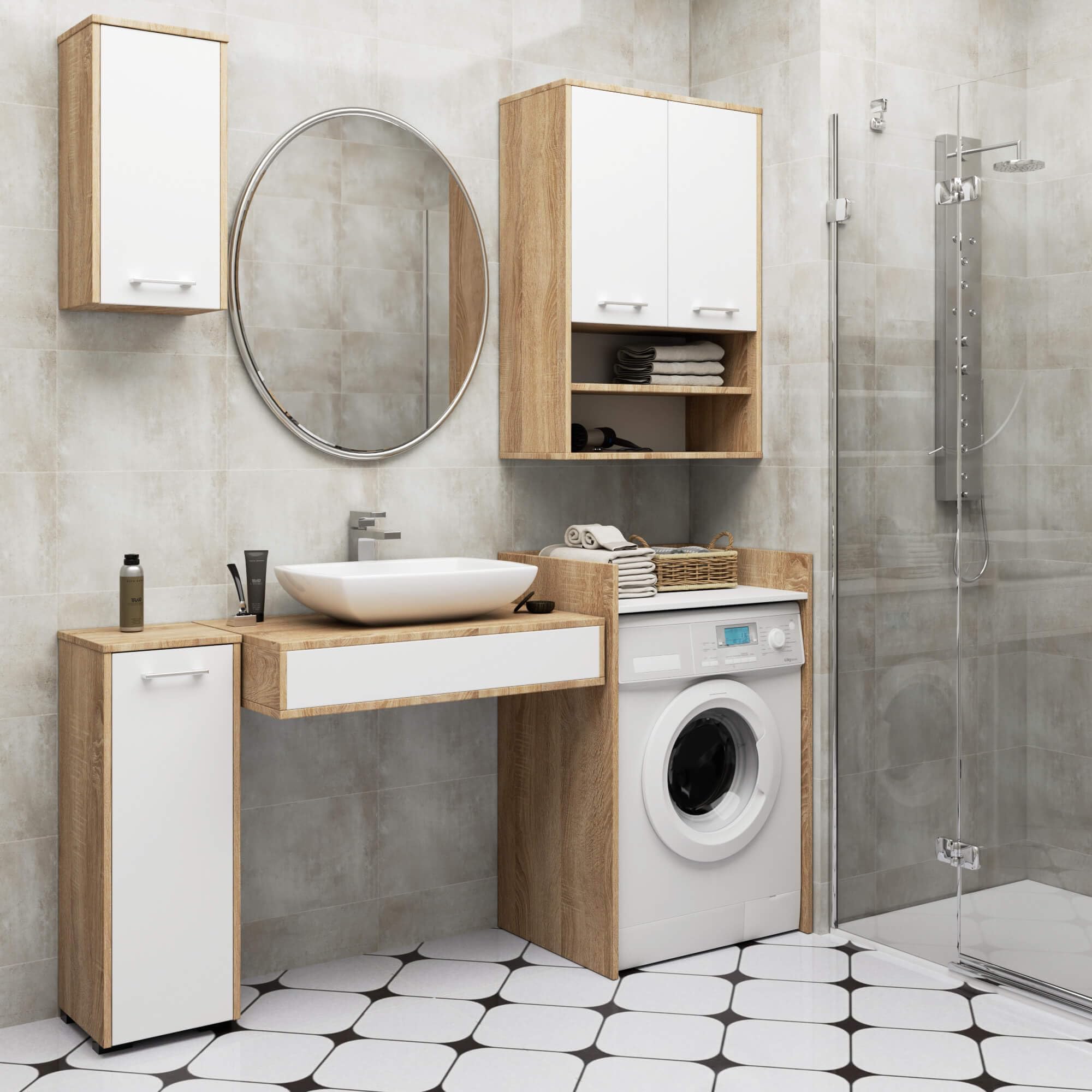 AKORD Meuble Salle de Bain Suspendu Fin 64 cm - 2 Portes, 4 Étagères - Armoire Murale 64x94x30 cm - Meuble Haut WC - Compact, Moderne - Idéal pour Petits Espaces - Chêne de Sonoma & Blanc