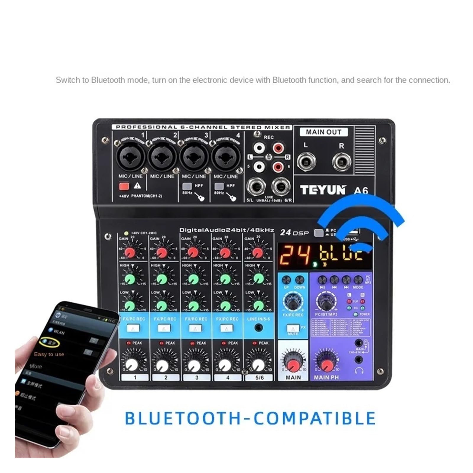 Mixer per DJ, Mixer Portatile Professionale a 6 canali, Console di missaggio, Ingresso Computer, Alimentazione 48 V, Numero Modello, Certificazione, Origine A6