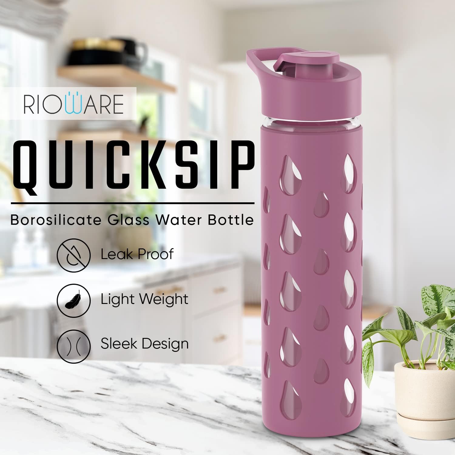 Quicksip Borosilicate Glass Water Bottle with Silicon Sleeve (550ml) | Airtight lid | Leak Proof | Silicon Cap | Fridge Water Bottles for Home, Office & Gym(Purple) Pack of 04