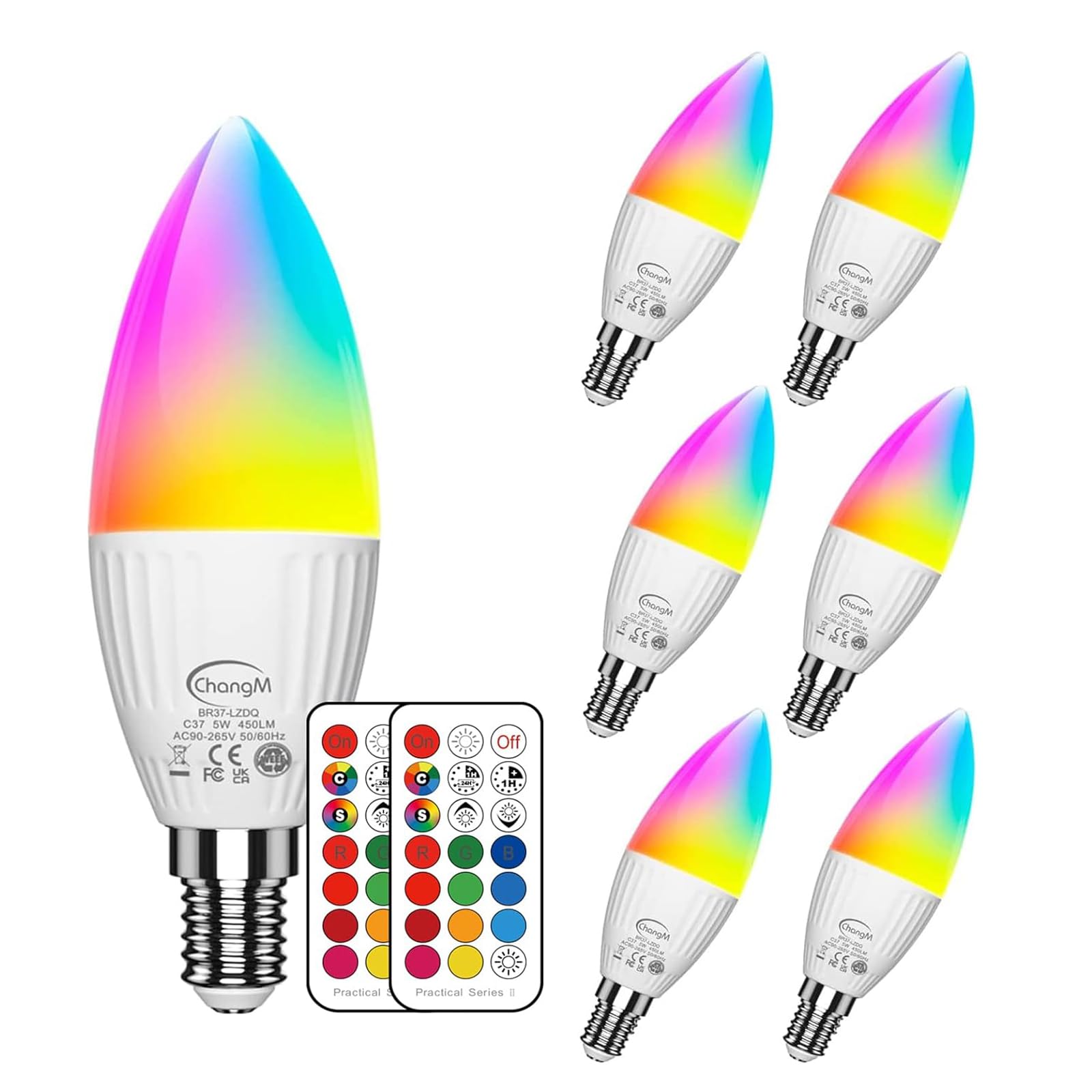 E12 LED Candelabra Light Bulbs 5W, Set of 6 Color Changing Candle Bulbs,Small Base B11 40W Incandescent Equivalent, 560 Lumen, RGB + 5700K Cool White, 12 Colors, 2 Modes, Timer, Remote Control