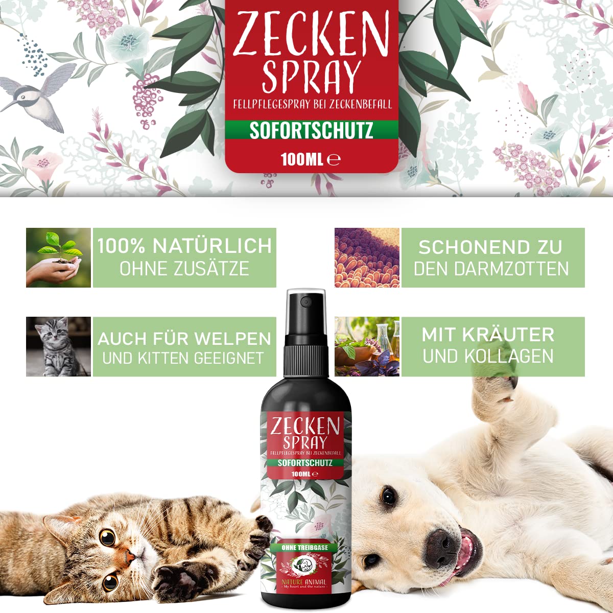 Nature Animal® 2X ZECKENSCHUTZ Spray für Hunde + Katzen mit Sofortwirkung – ZECKEN Abwehr für Ihr Haustier – natürliche Behandlung hochwirksam