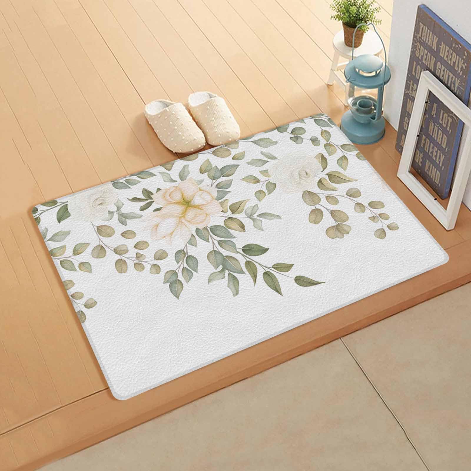 Romantic Flower Kitchen Bath Door Mat Cushioned Runner Rug,Washable Welcome Floor Sink Antifatigue Mat,Waterproof & Non-Slip Comfort Standing Doormat,Green Eucalyptus Leaves Chic Art 18