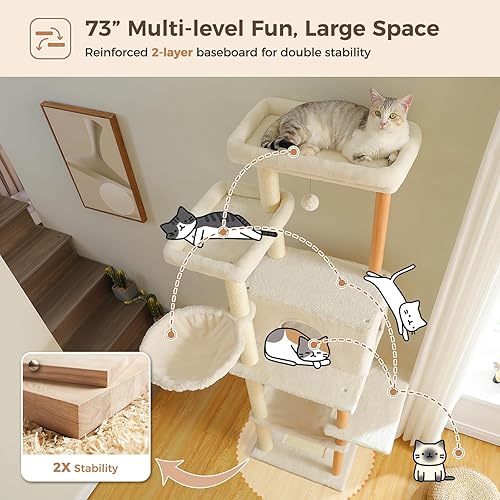 Miniatura 3 de PAWZ Road Árbol grande para gatos, torre de madera para gatos de 73 pulgadas de alto con 2 hamacas espaciosas, 2 camas superiores grandes, 8 postes