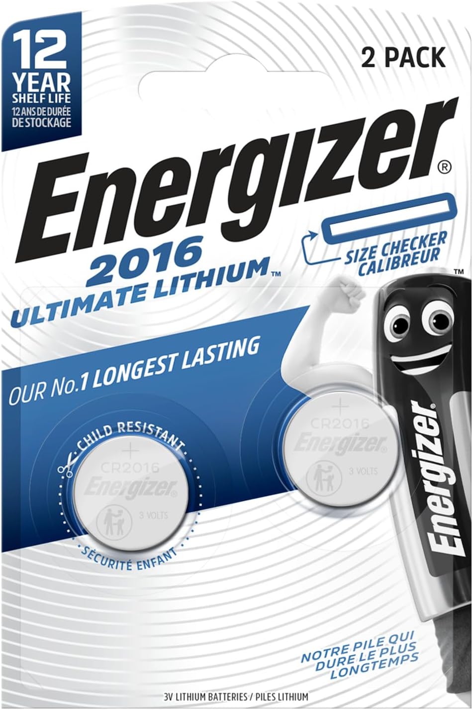 Energizer Ultimate Lithium - CR2016 Batteries (2 Pack) - 3V Battery Coin Cell - Car Key Fobs, Watches, Home/Medical/Fitness Devices - Child Resistant Packaging - 10 Year Shelf Life