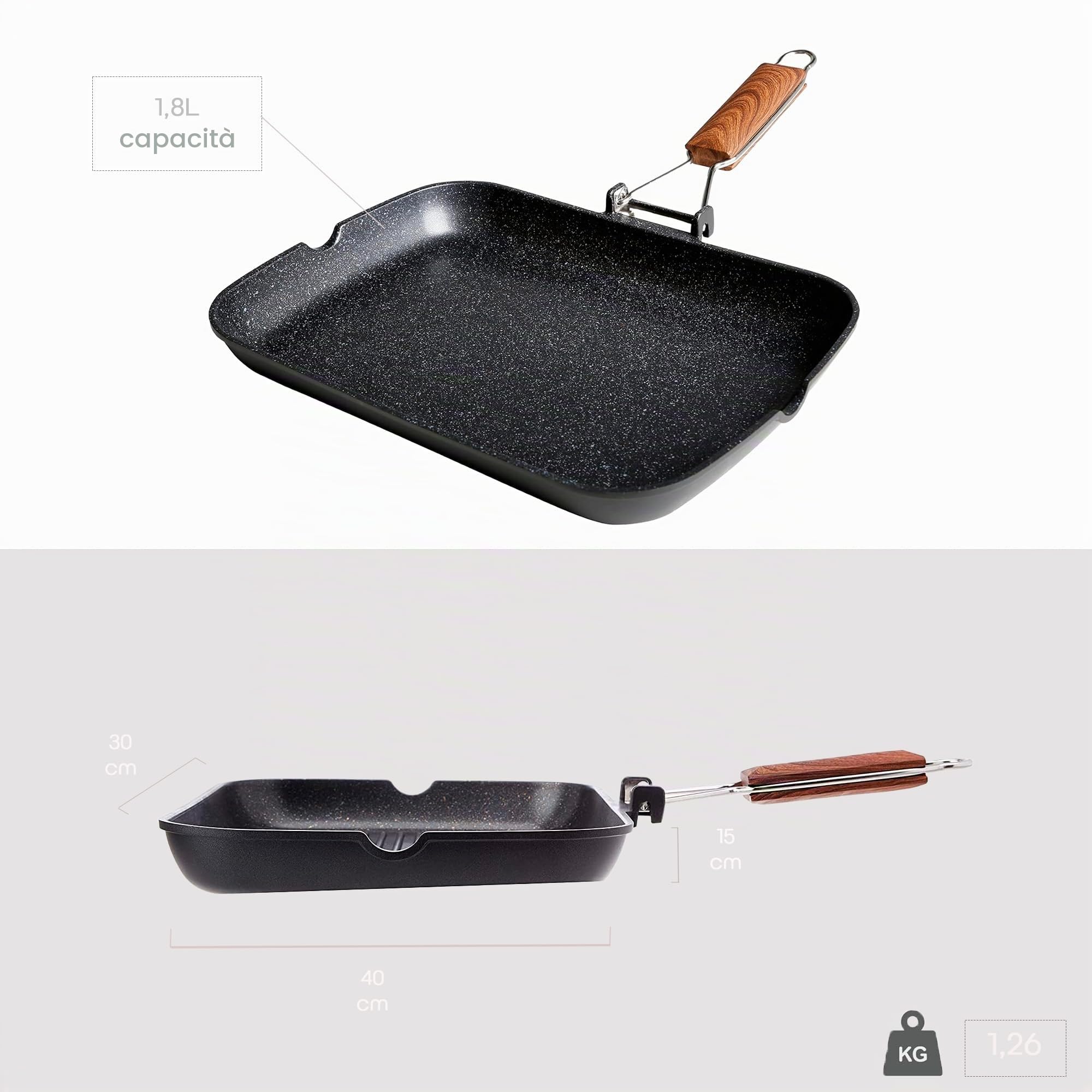 WECOOK! Ecochef Titanio Bistecchiera Liscia, Induzione, 34x24cm, Antiaderente QUANTANIUM Ecologico senza PFOA, Alluminio Fuso, 5mm di Spessore, Manico in Legno Pieghevole, Vitroceramica, Gas